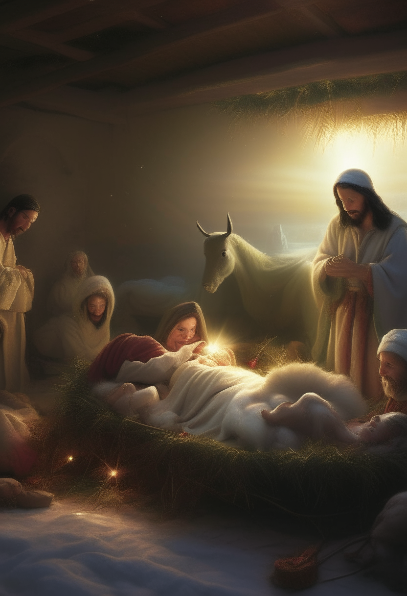 generate an image that captures the magical and divine atmosphere of Jesus' birth, incorporating light and color effects.