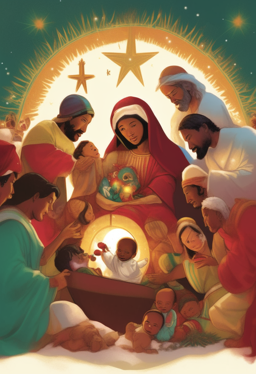 geDevelop an image that celebrates the coming together of different cultures by depicting the birth of Jesus from a global perspective.