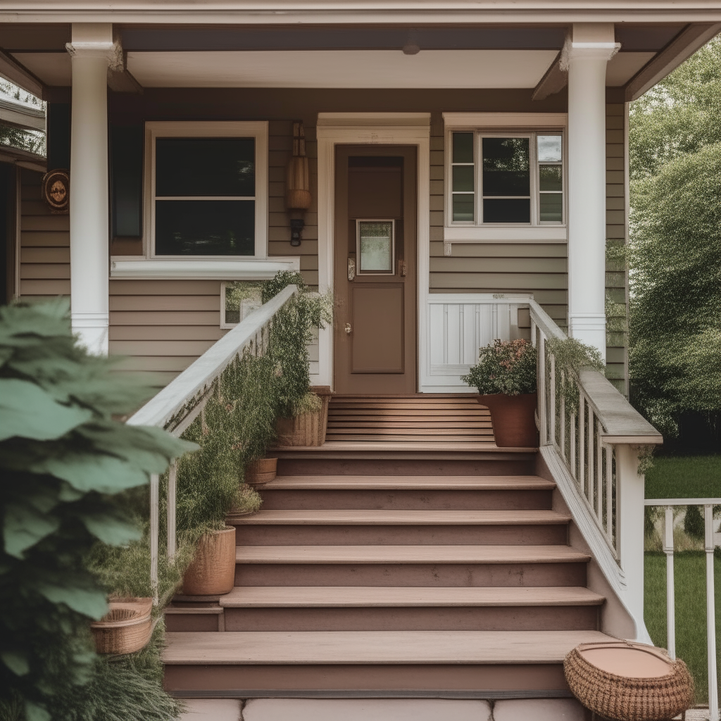 a wooden porch and steps leading to the front door of a cozy cottage home