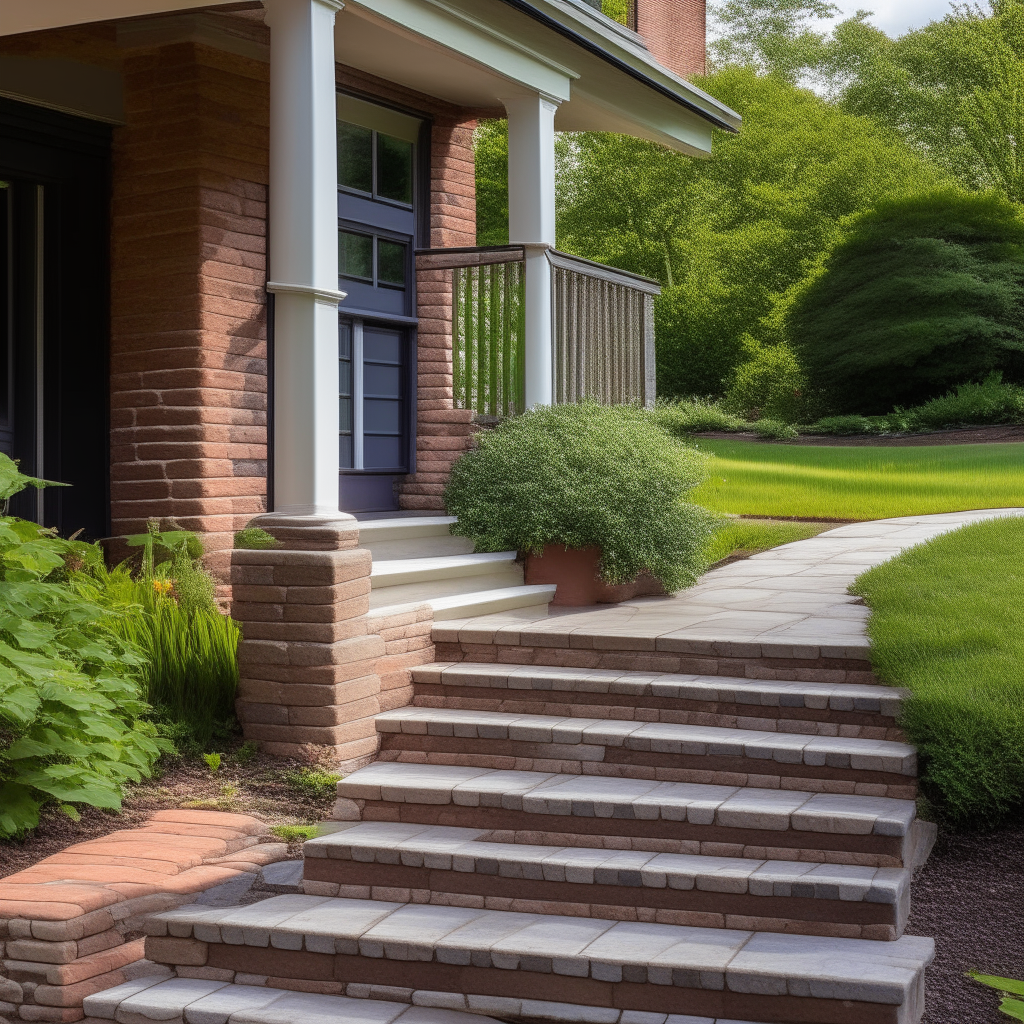 a brick porch and stone steps overlooking a garden