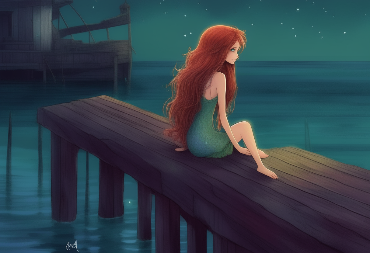 A barefoot mermaid with long red hair sits gazing at the moonlit sea from a weathered dock at night. Gentle waves lap at the wooden beams below her scaled lower body as a soft breeze carries the scent of salt and seaweed.