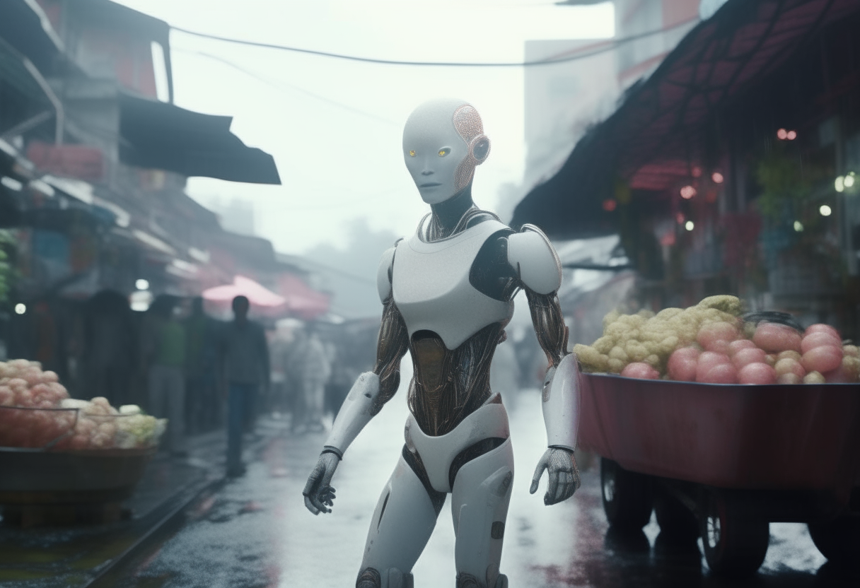 a bald futuristic humanoid cyborg featuring a glossy, porcelain-white synthetic skin and seamlessly integrated organic-metallic limbs, embodying advanced intelligence, stands in the middle of a busy road in a traditional market in a remote village in Indonesia on an early morning with mist, carrying a big basket of fruits, captured in ultra-high 8K resolution with a cinematic color grade