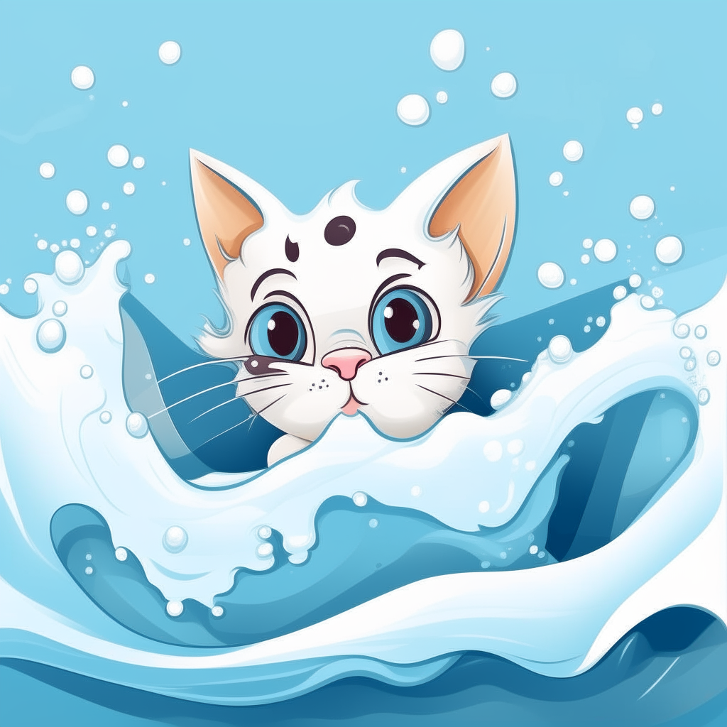 A cartoon kitten peeking out from within a foamy ocean wave