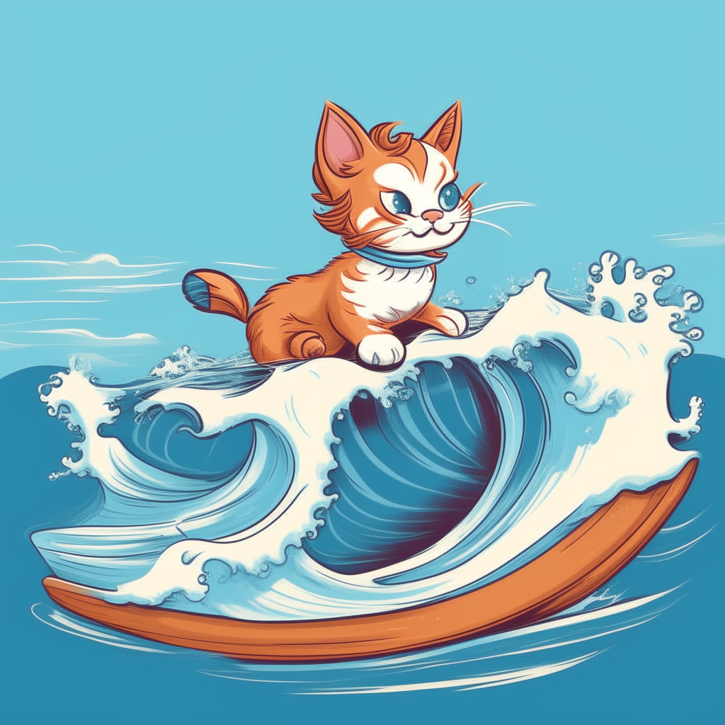 A cartoon kitten riding atop a large, curling ocean wave
