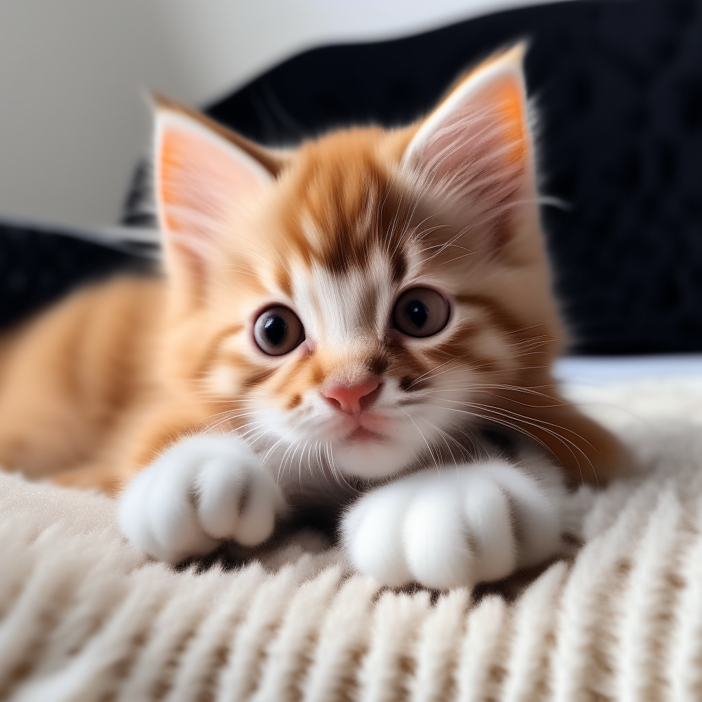 A playful kitten with light orange fur and white paws, rolling around on a soft blanket