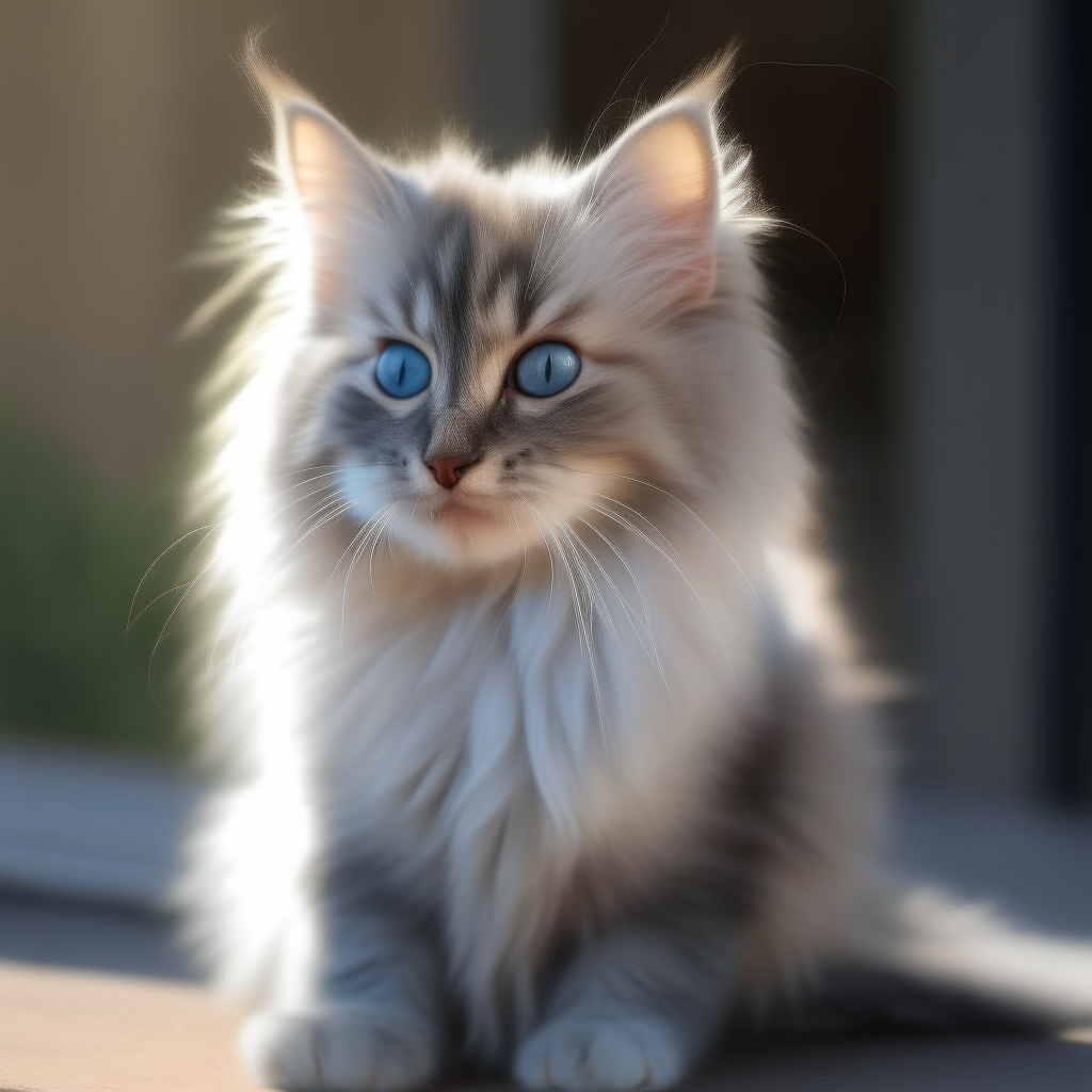 A beautiful long-haired kitten with light gray fur and blue eyes, sitting outdoors in soft sunlight