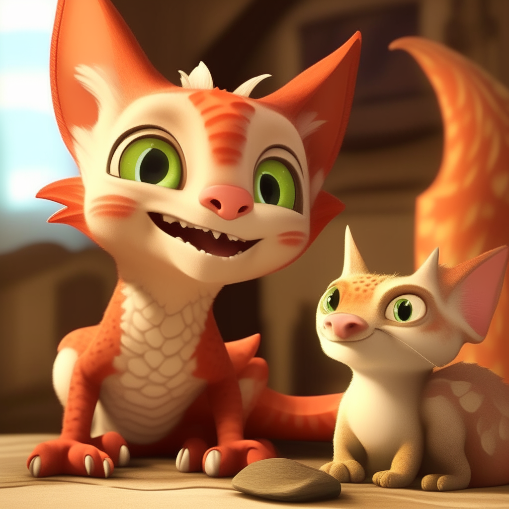 A curious kitten investigating a friendly cartoon dragon, both smiling for the camera