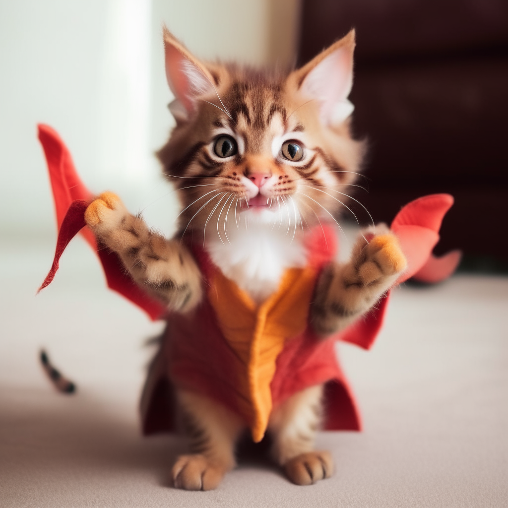 A playful kitten wearing a dragon costume, waving its paw in greeting
