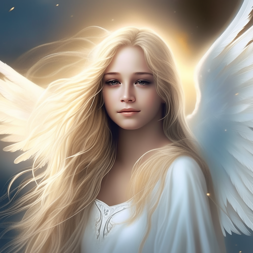 A beautiful angel with long blonde hair and white feathered wings, surrounded by a heavenly glow
