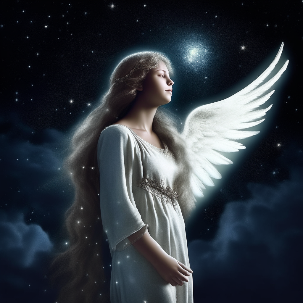 A beautiful angel gazing up at the night sky, illuminated by a full moon and stars