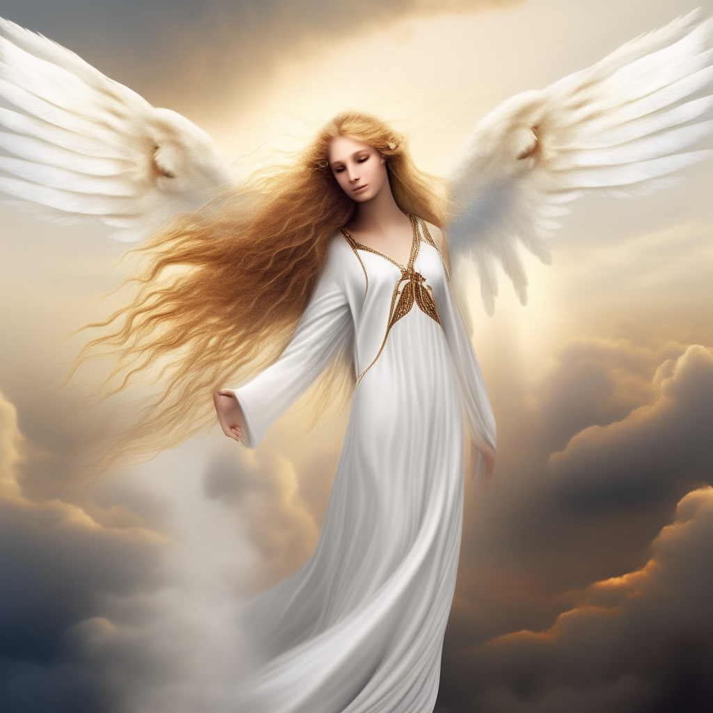A beautiful angel with long golden hair, clad in a flowing white gown, wings outstretched against a backdrop of clouds