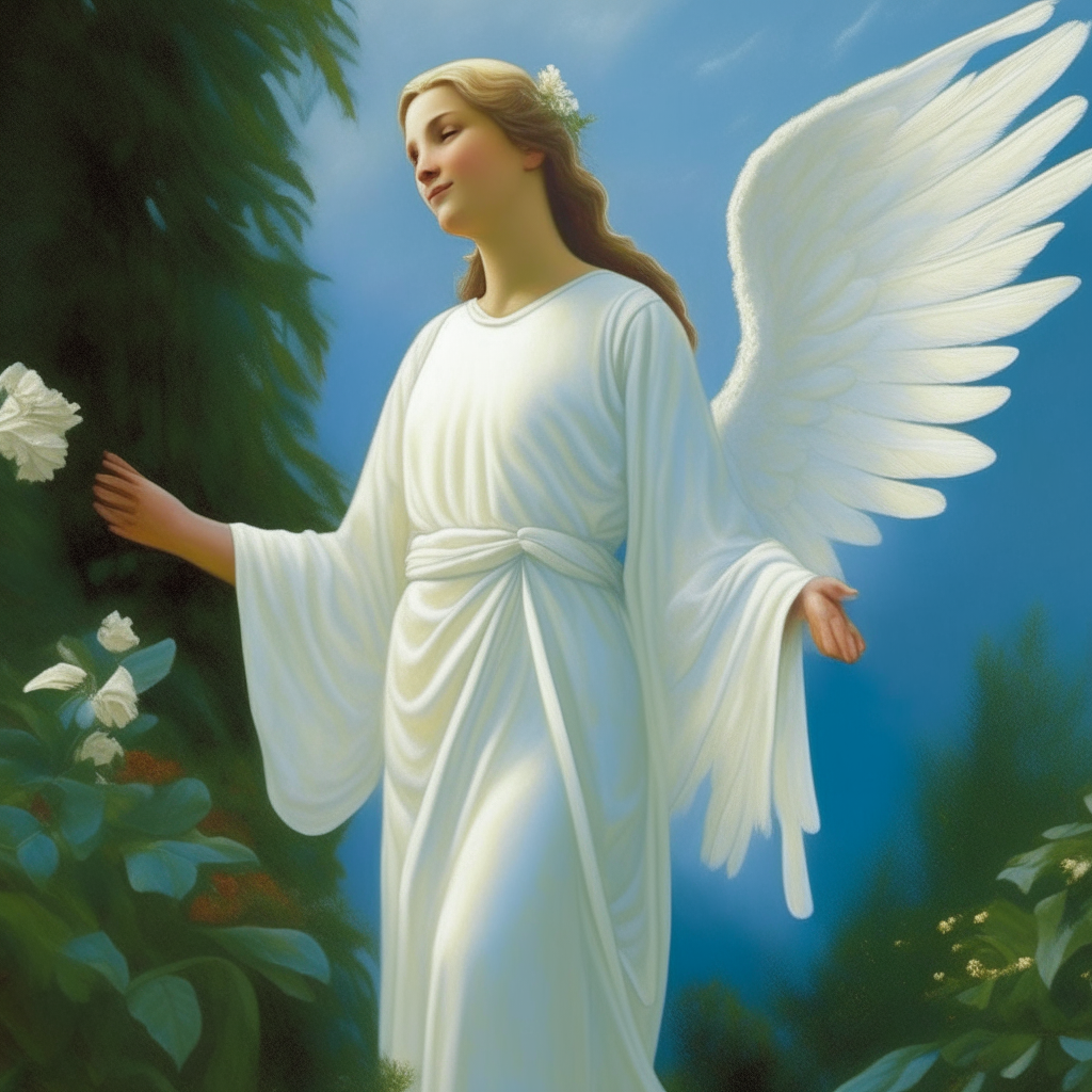 A gorgeous angel gazing upwards, dressed in a pristine white robe, standing with grace in a verdant garden under a blue sky