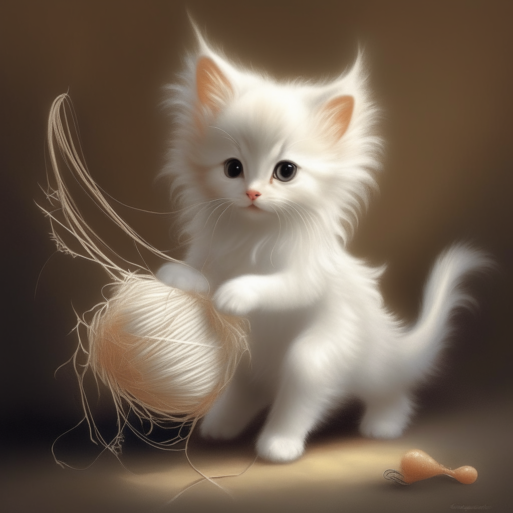 A playful angel kitten with fluffy white wings and a halo, chasing a ball of yarn