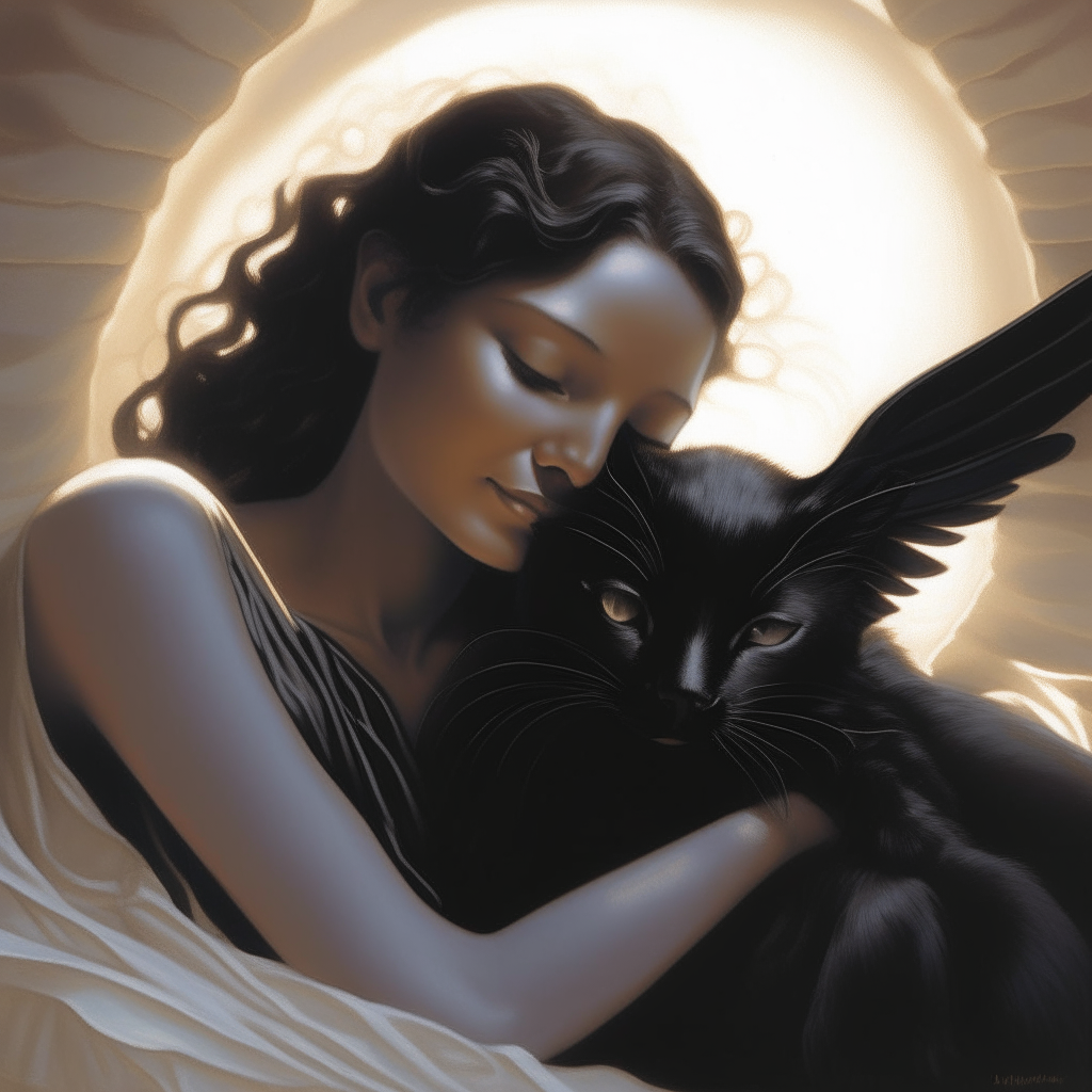 An angel cradling a sleeping black cat, gazing down with a gentle smile as a ray of sunlight shines through