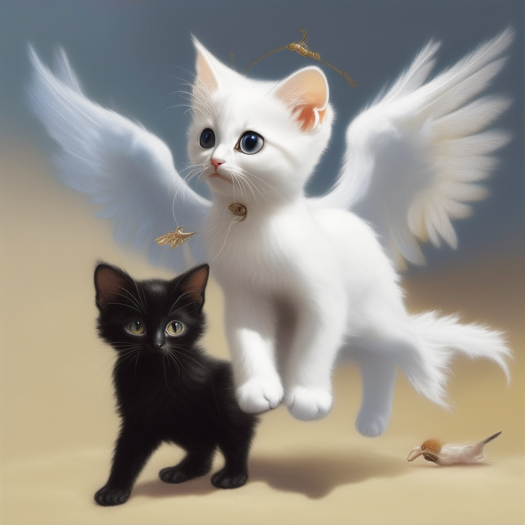 A tiny angel kitten with puffy white wings and a halo flies through the sky, towing a toy mouse on a string for their black cat friend below