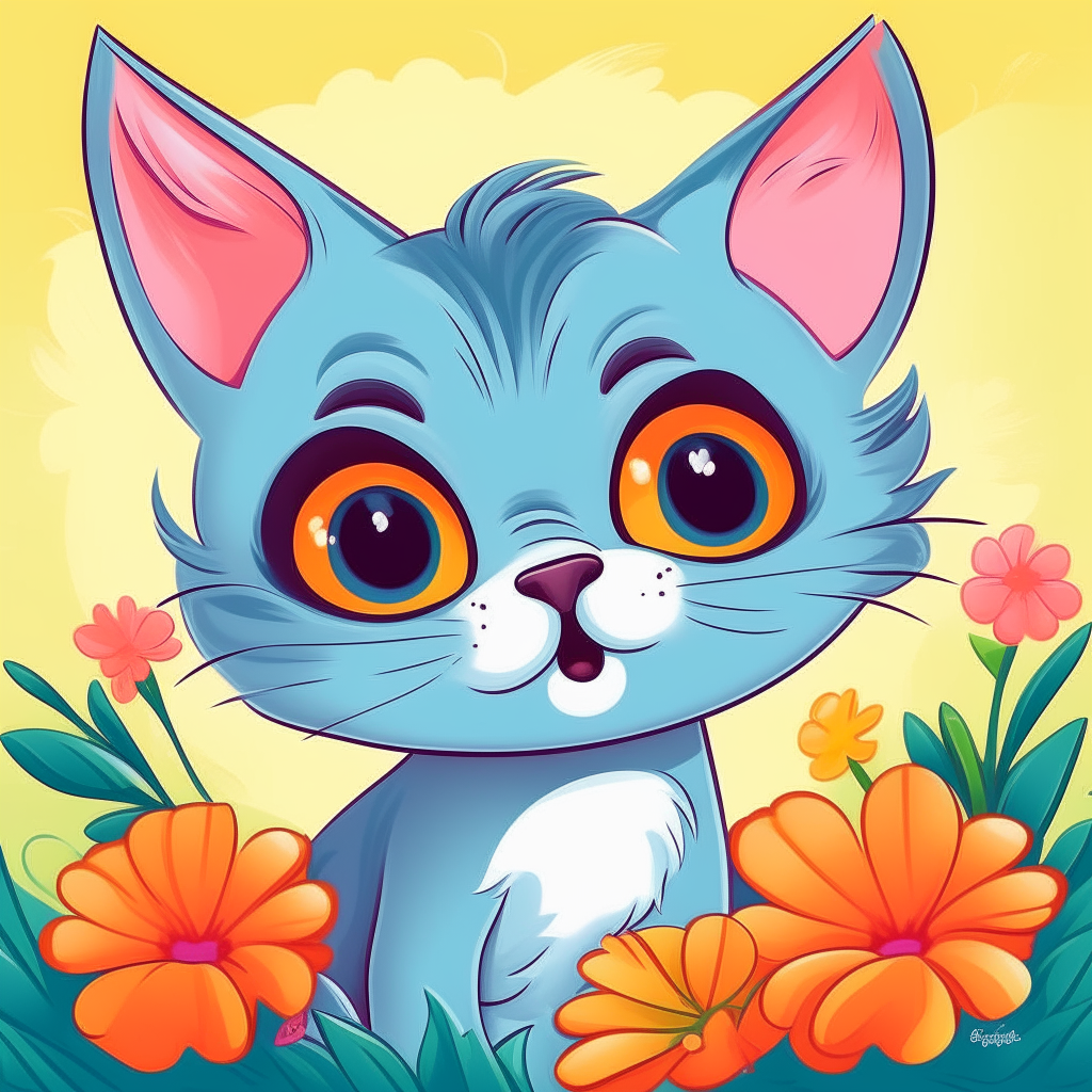 A playful cartoon kitten with big eyes and whiskers peeks out from behind colorful flowers, ready to pounce!