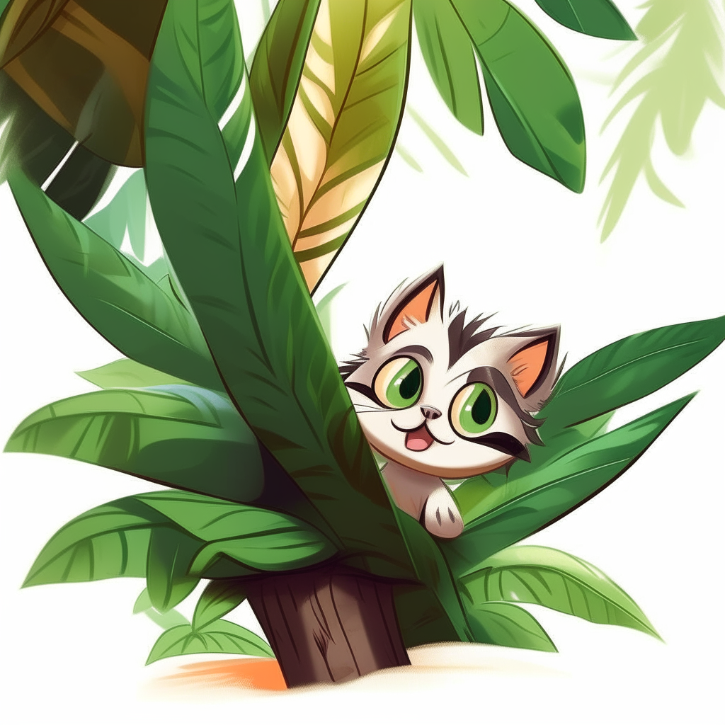 A playful cartoon kitten peeks out from the leaves of a palm tree, ready to pounce on a feather toy dangling from the fronds