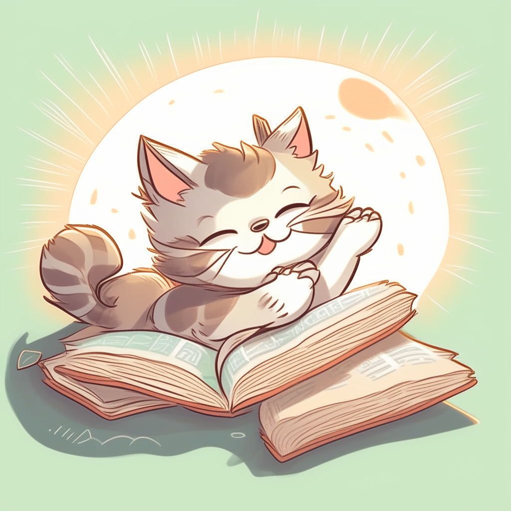 A cartoon kitten relaxing on its back in a sunbeam, holding a book open with its paws as it reads an exciting story