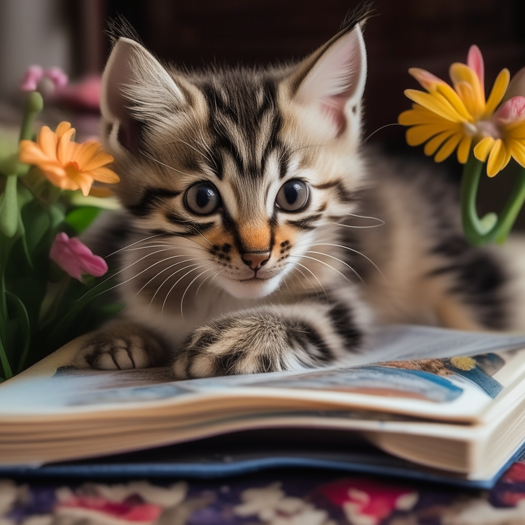Another playful kitten lounges on its belly in a patch of flowers, peering intently at a comic book