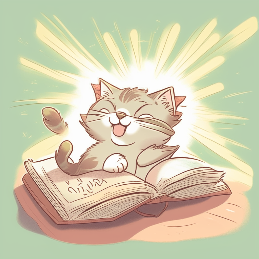A cartoon kitten relaxes on its back in a sunbeam, holding an open book above its head with its paws as it reads an exciting story