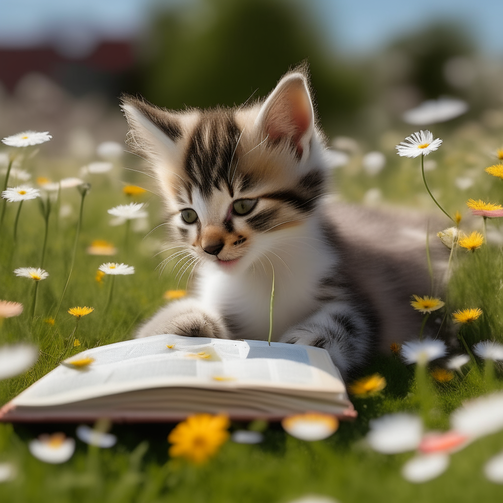 Another playful kitten lounges on its back in a field of daisies, propped up on its elbows while reading a comic
