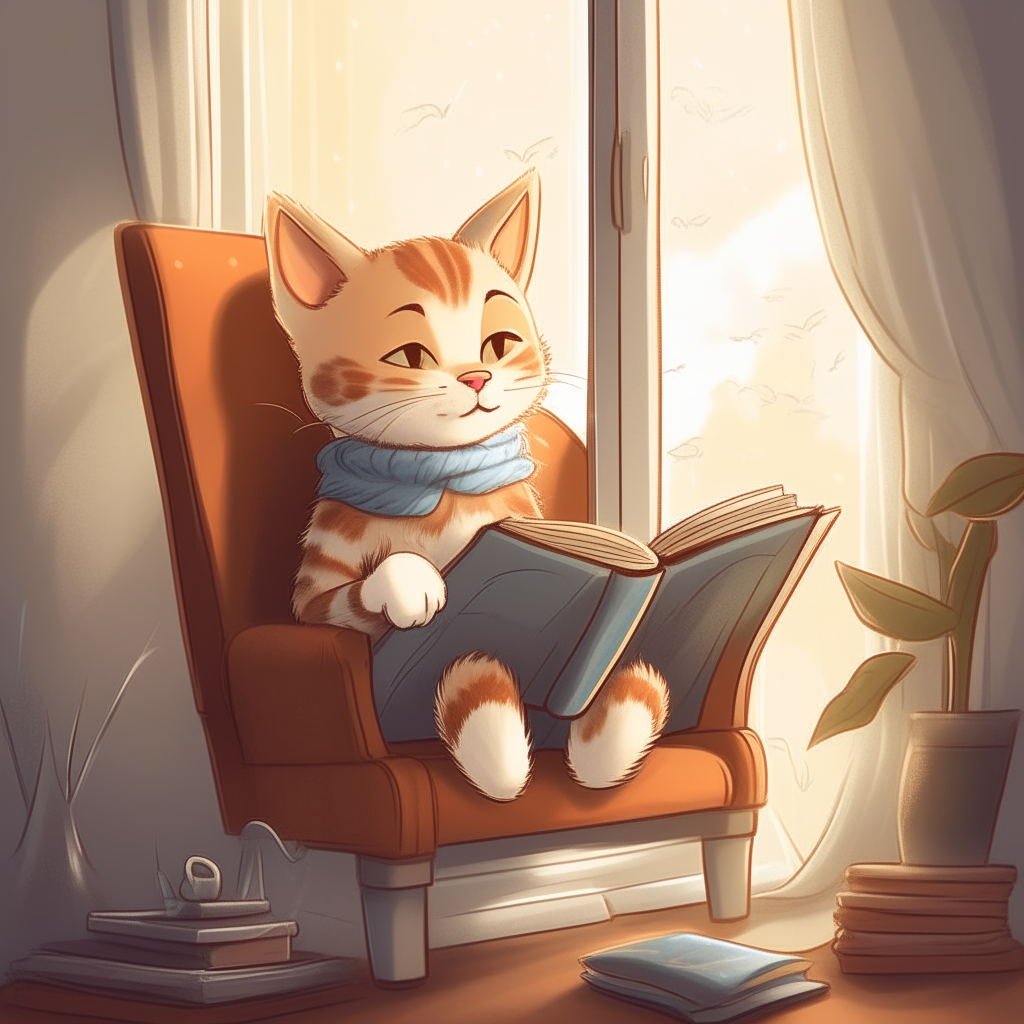 A cartoon kitten sits in a cozy armchair by a window, engrossed in a storybook.