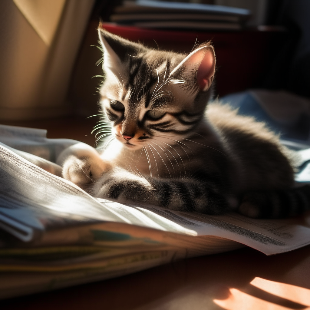 Another playful kitten relaxes in a patch of sunlight, curled up with a comic book.