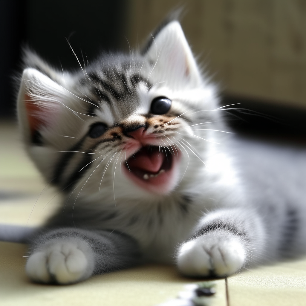 Another playful kitten rolls around laughing, clearly amused by its own antics.