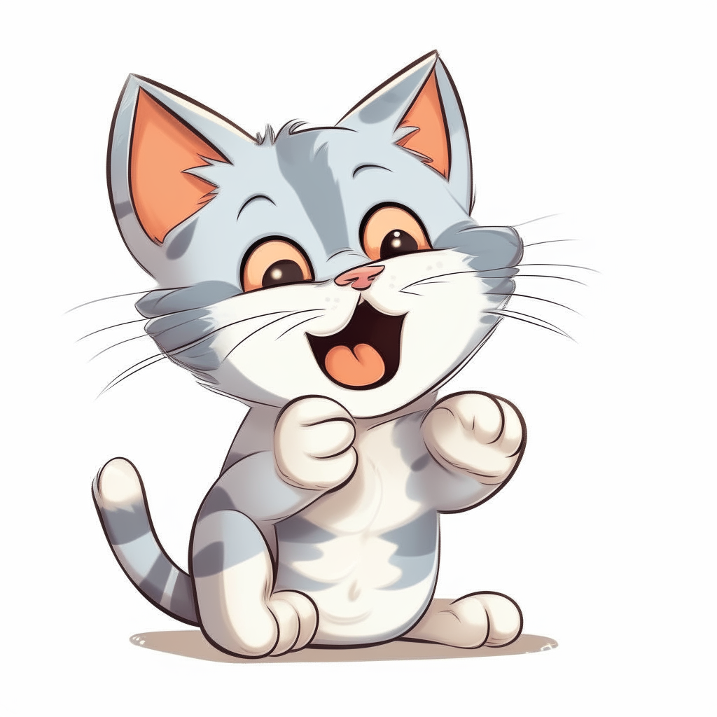 A cartoon kitten giggles with its paw over its mouth, finding something very funny.