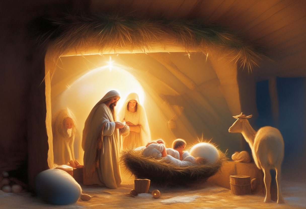 Artfully depict the birth of Jesus in a manger, with a bright light emanating from the site.