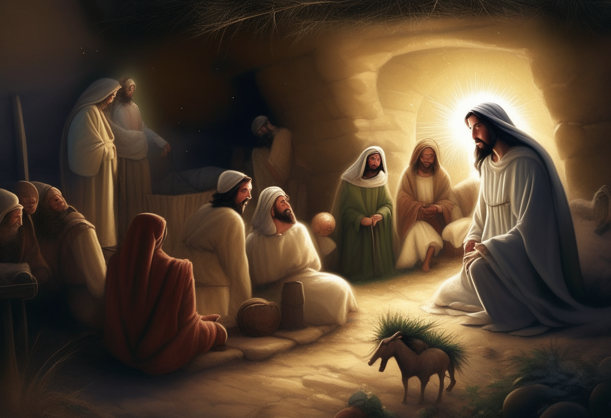 create an image that tells the story of Jesus' birth in a single scene,