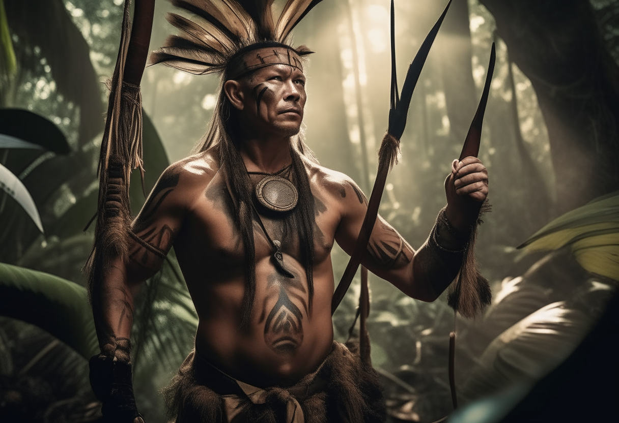 A muscular man dressed in animal skins stands proudly in a dense tropical rainforest. His body is adorned with tribal tattoos and paint. In one hand he holds a bow crafted from wood and sinew, and in the other an arrow notched and ready to fire. Around his neck hangs an assortment of feathers, teeth and bones - trophies from past hunts. Light filters down through the canopy, illuminating his determined expression as keen eyes scan the undergrowth for prey. Though alone in the wild, he appears at one with nature and in his element as the supreme predator of this domain.