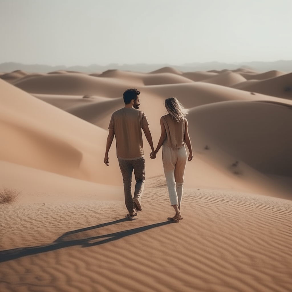 An man and woman walking in a dessert 