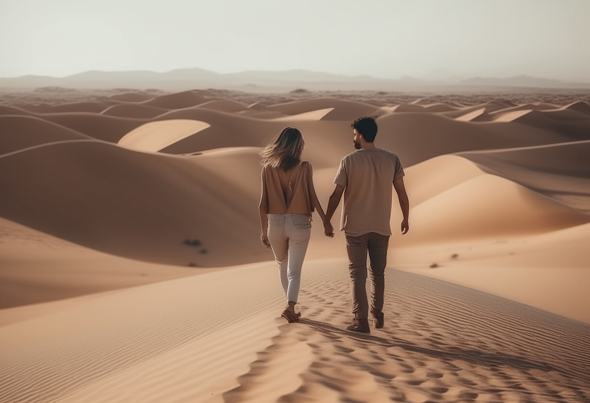 An man and woman walking in a dessert 