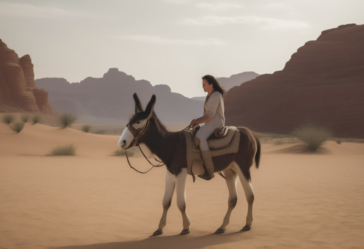 A woman riding a donkey in a desert 