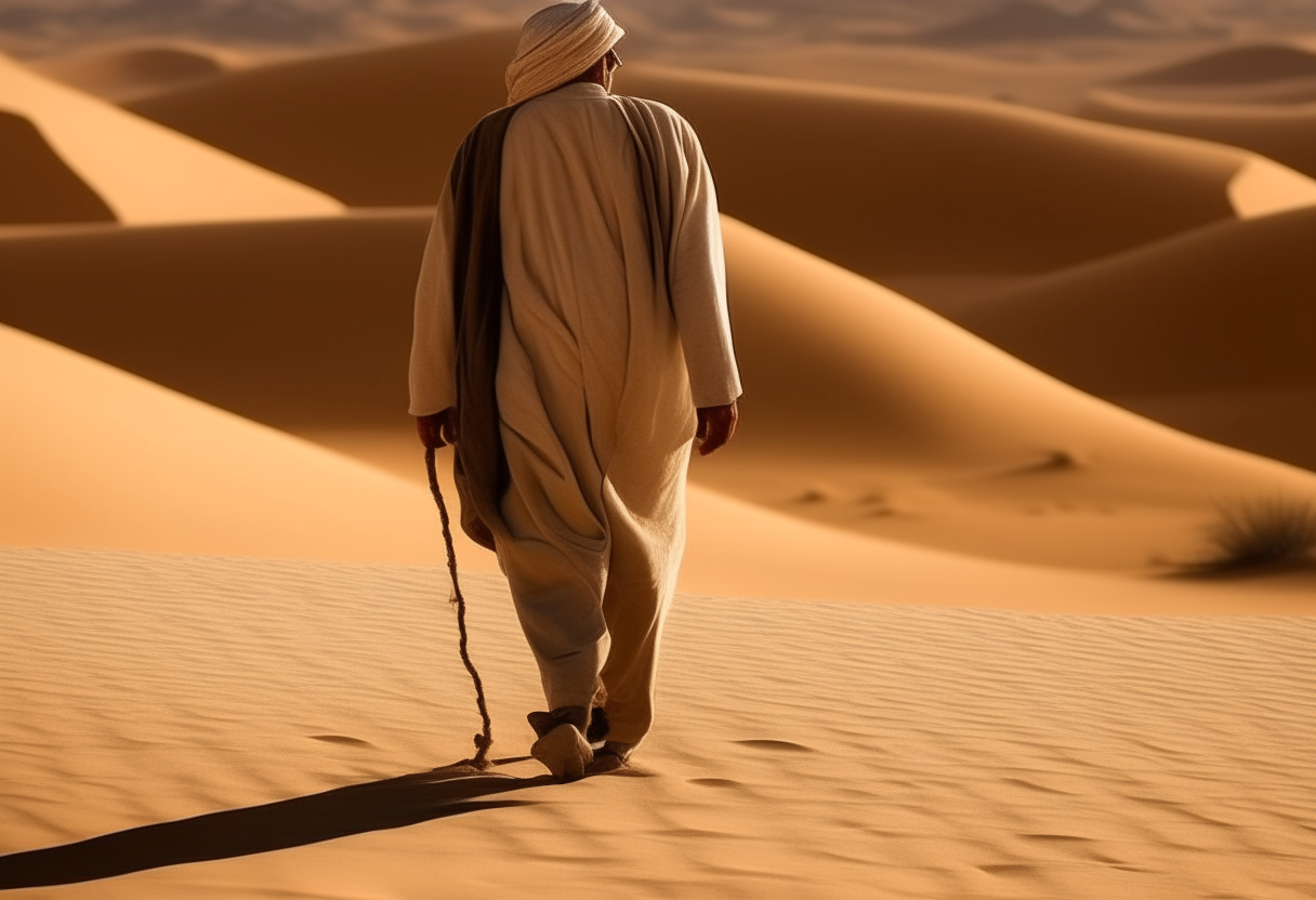 A blind man walking in the desert 