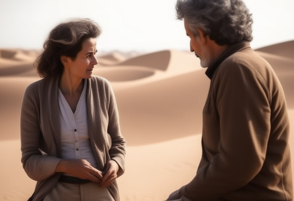 a woman talking with his husband in the desert 