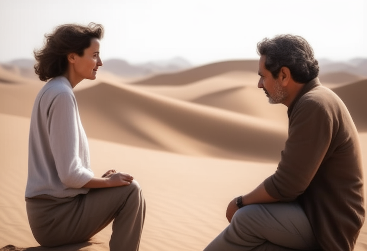 a woman talking with his husband in the desert 