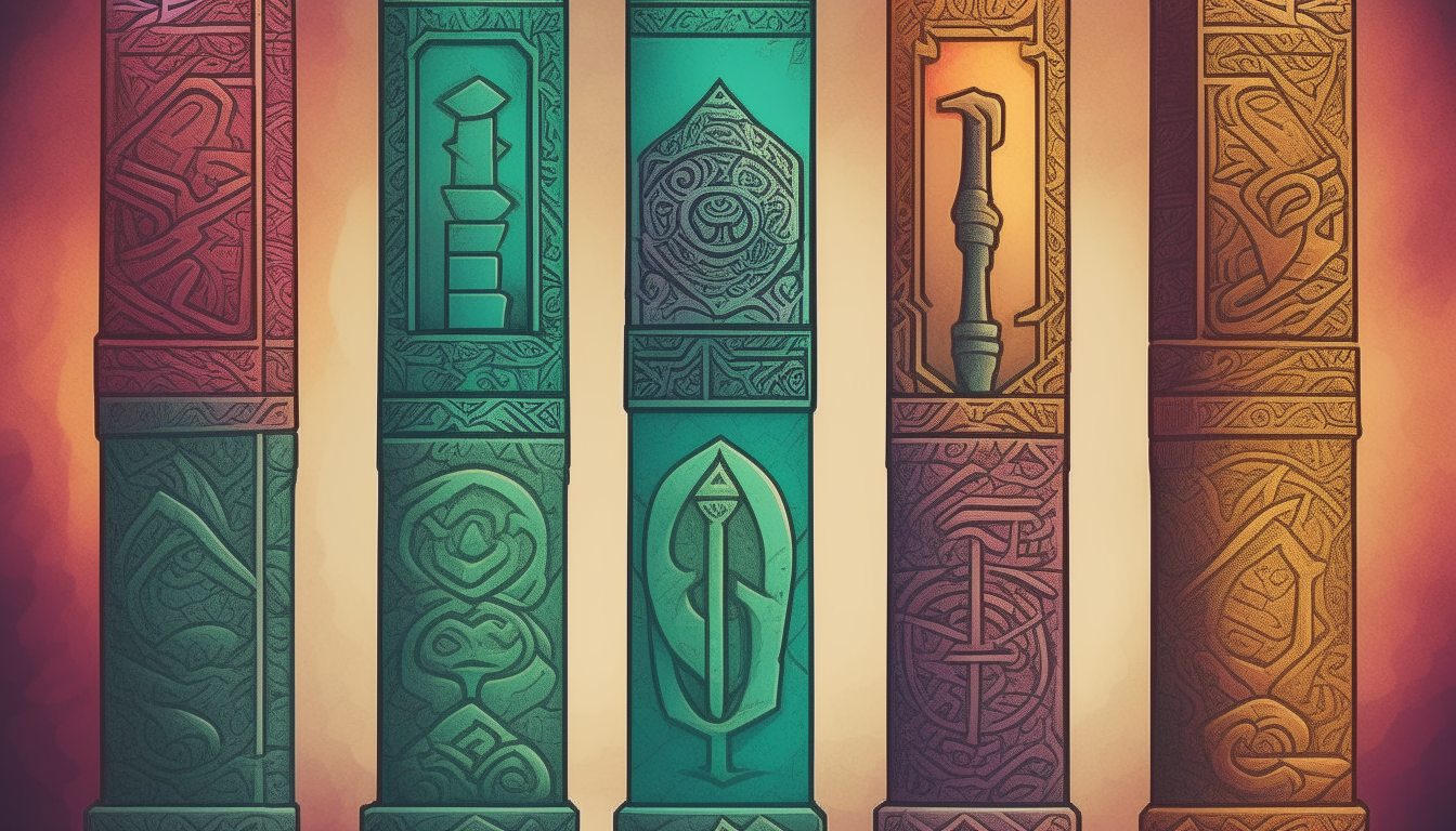 Create a visual illustration depicting the six Pillars of Faith in Islam as foundation stones, perhaps displaying each pillar in the form of a unique symbol or icon.