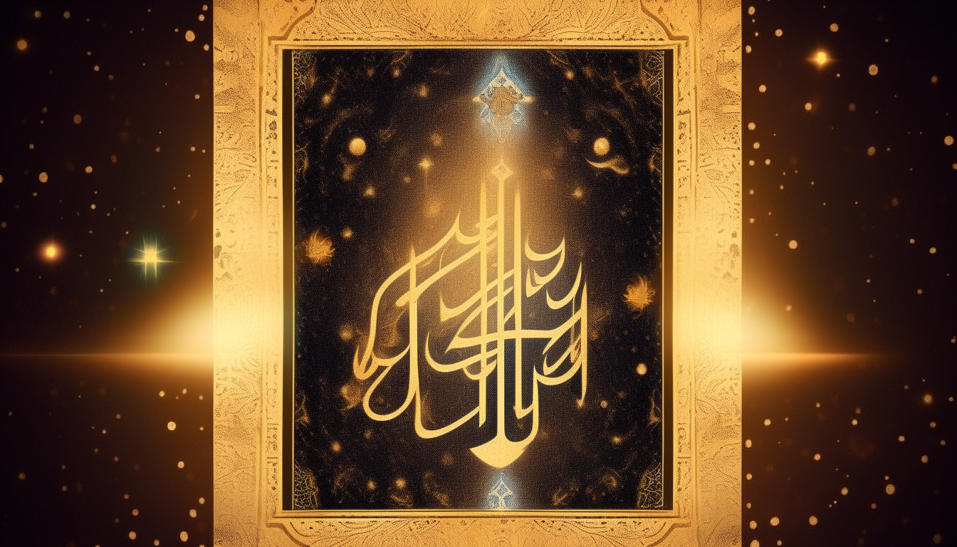 Create an image with a background that reflects the greatness of the universe, with the words "First Pillar of Faith: Faith in Allah" as the main focus, and add Islamic elements such as calligraphy or symbols of Allah.