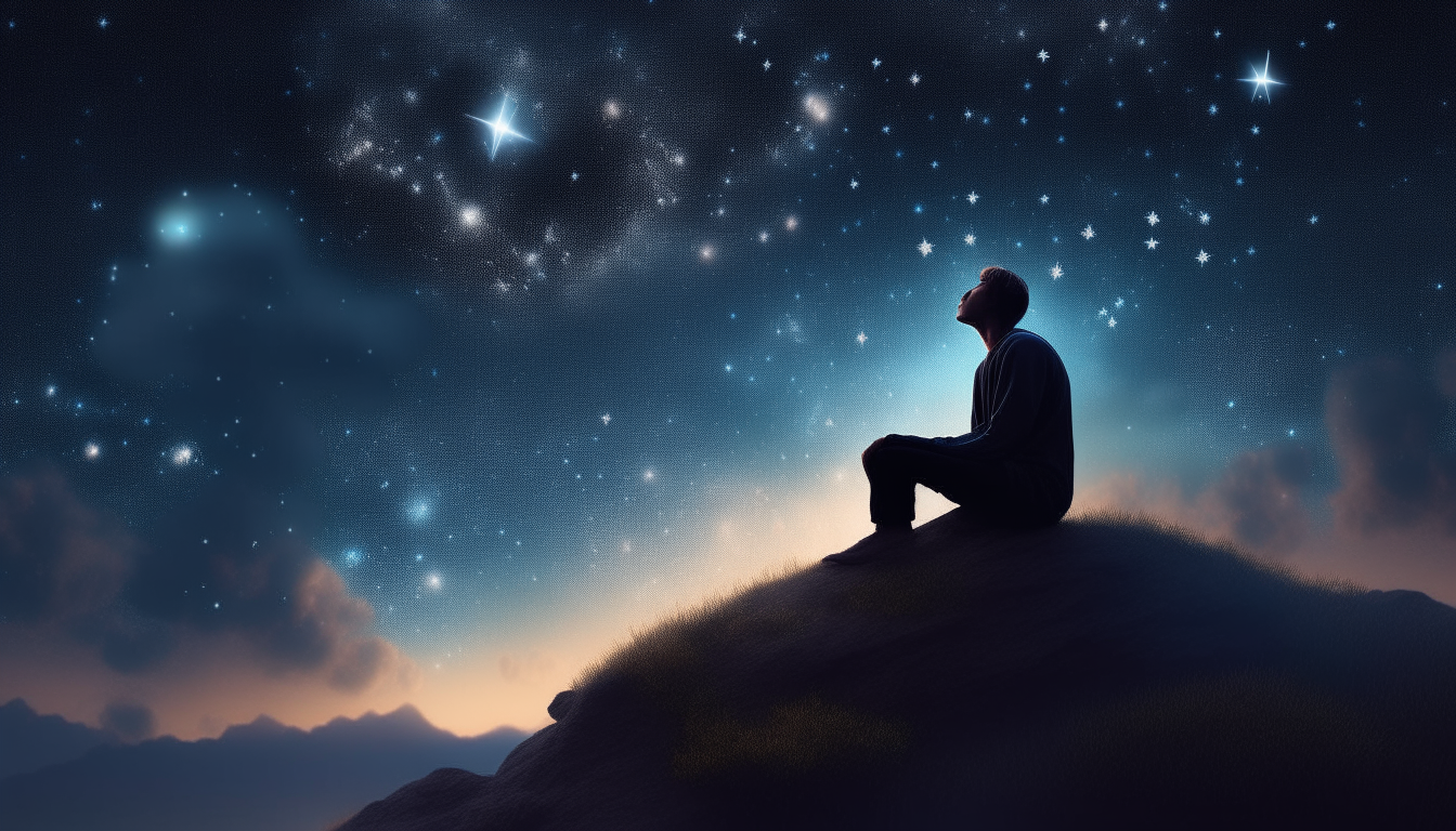 Create an illustration of a character who is imagining, thinking of God as the greatest architect who creates everything carefully. Maybe add thoughts of gratitude to God around the characters. realistic. sky full of stars