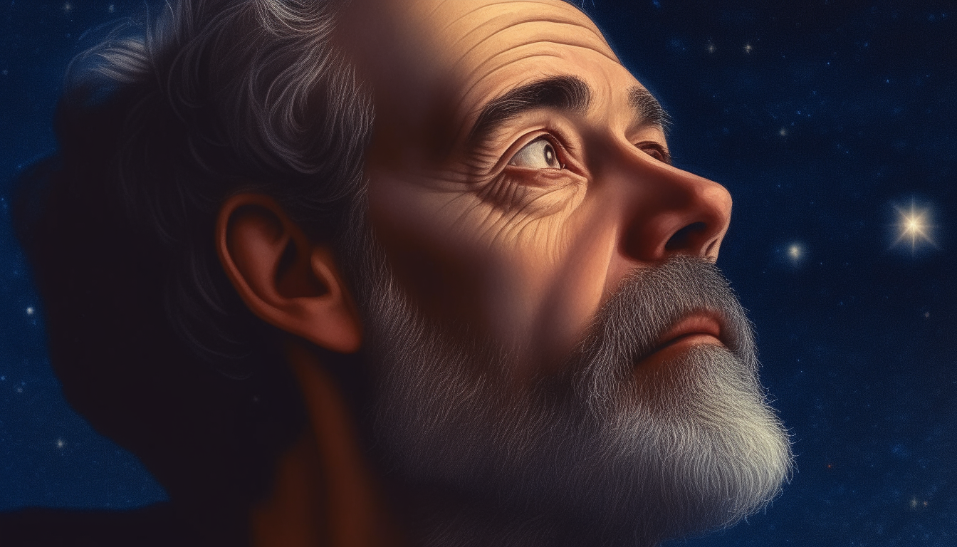 Create an illustration of a character who is imagining, thinking of God as the greatest architect who creates everything carefully. Maybe add thoughts of gratitude to God around the characters. realistic man face while sitting, full of stars night as background