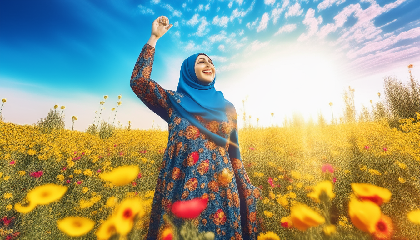 An image design showing a georgeous hijab woman  thanking Allah, with a bright and happy background. Use elements like flowers, sun, or blue sky.