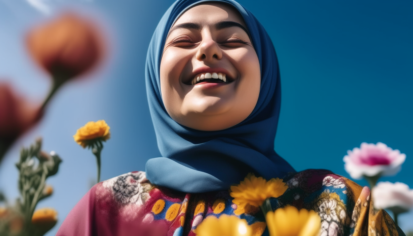 An image design showing a georgeous hijab woman with realistic face, thanking Allah, with a bright and happy background. Use elements like flowers, sun, or blue sky.