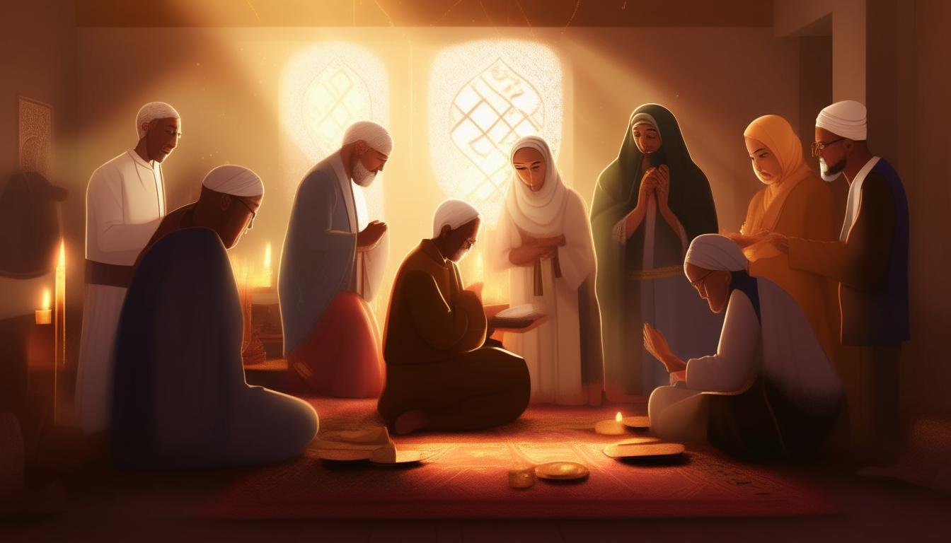 Design images with characters interacting with the foundational elements of faith. realistic, western and moslem people