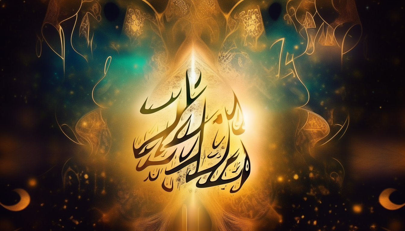 Create an image with a background that reflects the greatness of the universe, with the words "First Pillar: Faith in Allah" as the main focus, and add Islamic elements such as calligraphy or symbols of Allah. realistic.