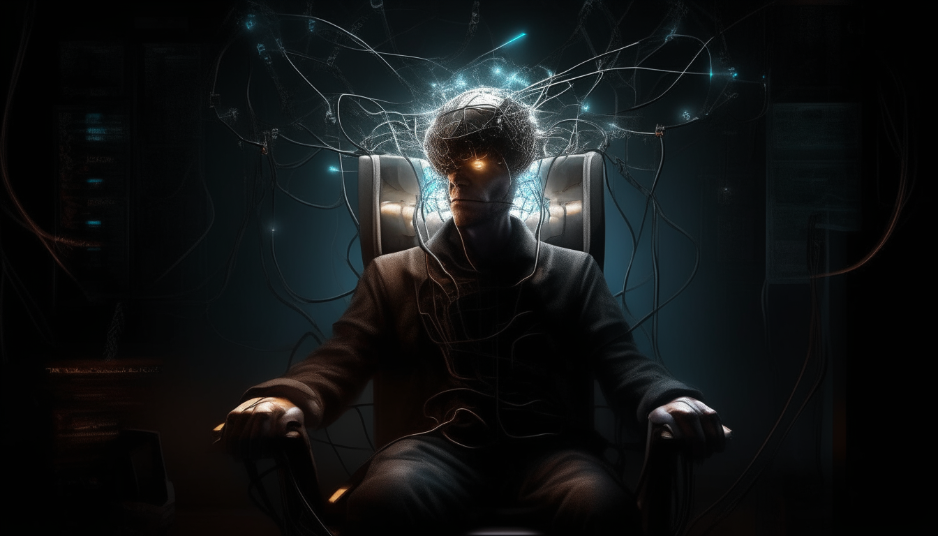 A man with eyes closing and head tilting backwards into a chair, with a mind control machine above his head having wires and flashing LED lights, highly detailed dark sci-fi fantasy artwork