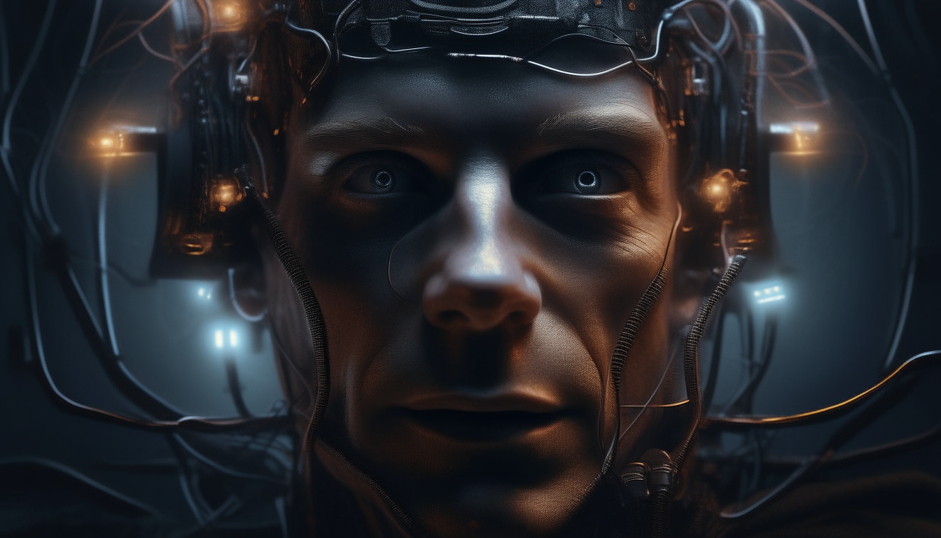 A close-up portrait of a man with eyes closing and head tilting backwards, with a mind control machine above his head having wires and flashing LED lights, highly detailed dark sci-fi fantasy artwork