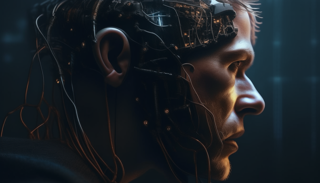 A side profile close-up portrait of a man with eyes closing and head tilting backwards, with a mind control machine above his head having wires and flashing LED lights, highly detailed dark sci-fi fantasy artwork