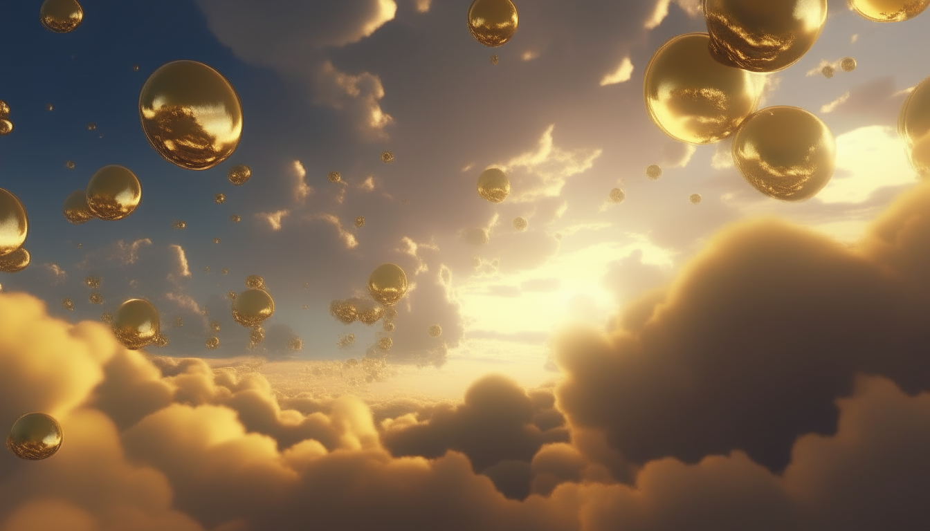 The clouds in the sky parting and bright golden orbs sparkling as they fall through the sky, extremely detailed 4k quality digital painting, sci-fi fantasy style, landscape 16:9 aspect ratio